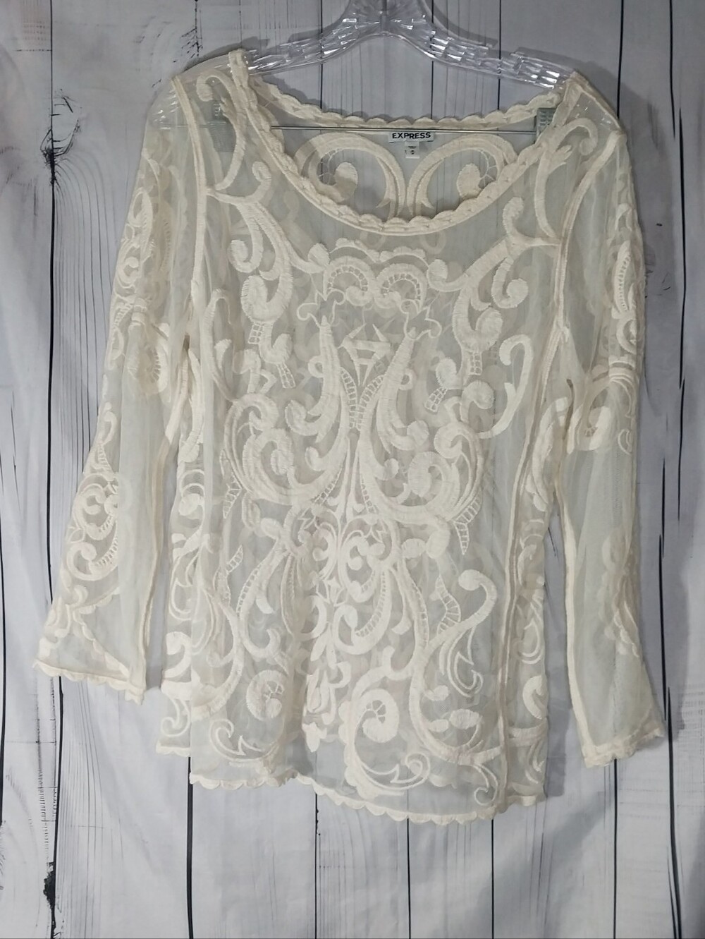 Express Women's Cream Lace Boho Date Night Romantic Feminine Long Sleeve Top